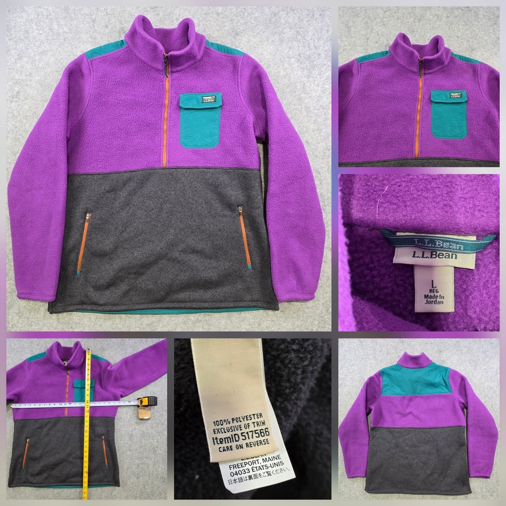 LL Bean Jacket Womens Large Purple Fleece 1/4 Zip Colorblock Gray Pockets 517566